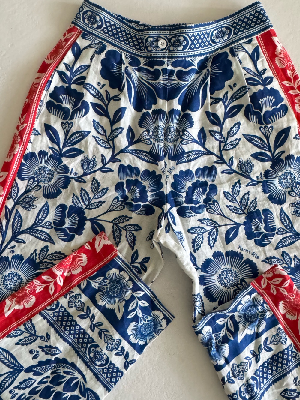 FARM Rio Blue and Red Floral Cotton Linen Pants